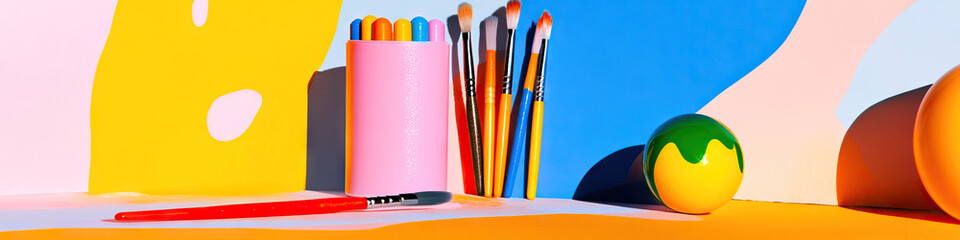Poster - Paintbrushes, Holder, and Balls on Colored Background