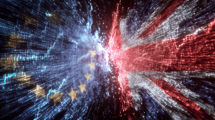Poster - Dynamic digital representation of European Union and United Kingdom flags colliding in burst of sparks, symbolizing tension and conflict. vibrant colors and motion create sense of energy and drama