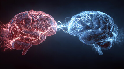 Poster - Two glowing brains, one red and one blue, face each other with electric sparks connecting them, symbolizing battle of ideas or conflict. dark background enhances dramatic effect