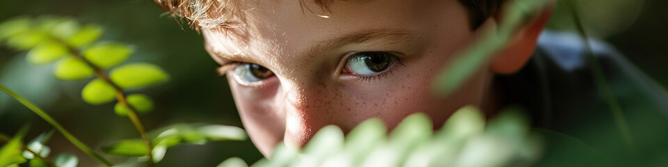 Poster - Boy Observing Vegetation Close-Up
