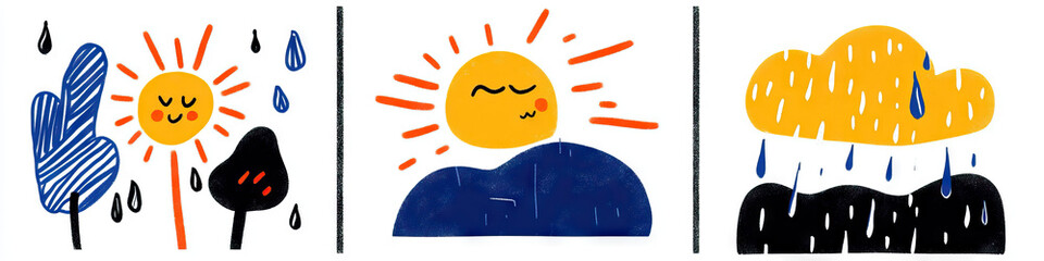 Poster - Stylized Weather Illustrations: Sun, Rain, and Trees