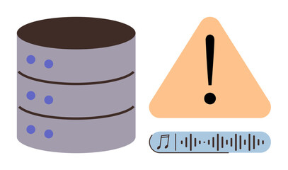 Poster - Database stack, triangular warning sign, and audio file visualization. Ideal for cybersecurity, IT failure, data management, system error, file corruption storage capacity audio disruption. Simple