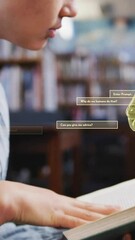 Poster - Animation of ai text, brain and data over female student in hijab reading book