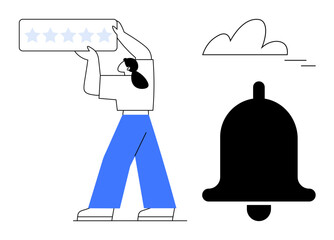 Poster - Man lifting a five-star rating bar, large notification bell, and cloud outline. Ideal for feedback, alerts, reviews, service quality, online engagement rating systems user interface. Simple flat