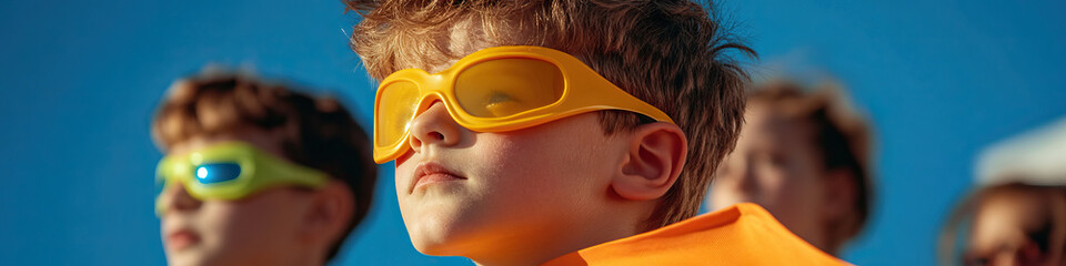 Poster - Boy with Yellow Goggles and Two Out-of-Focus Children