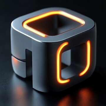 Modern, glowing cube with an orange outline.