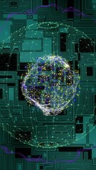 Poster - Animation of spots and globe moving over green shapes moving