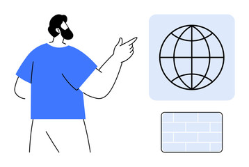 Poster - Bearded man in blue shirt gestures toward a globe icon and a brick pattern, implying collaboration, innovation, exploration, education, planning, communication, and simplicity ideal for flat metaphor