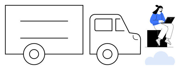 Poster - A delivery truck and a woman sitting on a box using a laptop, representing remote logistics. Ideal for e-commerce, shipping, technology, remote work, transportation, business strategy, simple flat