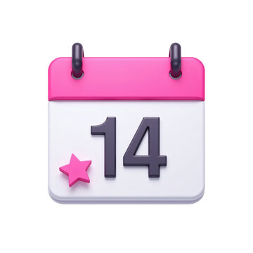 Cute 3d calendar icon showing the fourteenth day with a pink star isolated on transparent background