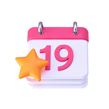 Cute 3d calendar with number 19 and orange star isolated on transparent background