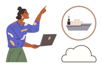 Poster - Woman using laptop, pointing towards a shipping container vessel and cloud icon. Ideal for logistics, technology, cloud computing, supply chain, export, import, online management simple flat