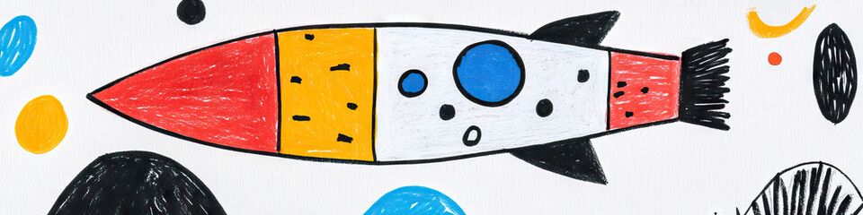 Poster - Crayon Drawing of Rocket Ship with Abstract Shapes