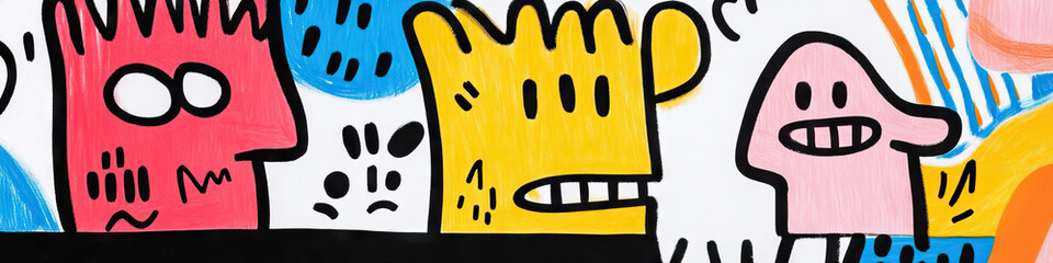 Poster - Stylized Cartoon Figures in Pink, Yellow, Red, and Blue