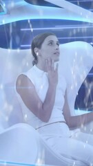 Poster - Woman in self-driving car navigates city with futuristic network technology.