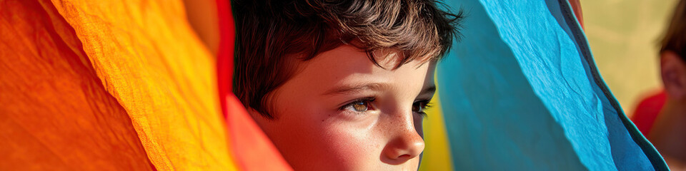 Poster - Boy's Face Partially Hidden by Orange and Teal Fabrics