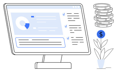 Poster - Computer monitor displays data chart, analytics, and checklists next to coin stack and plant. Ideal for business growth, financial planning, analytics, investment, productivity, technology simple