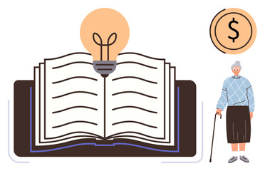 Poster - Open book with glowing lightbulb symbolizing ideas, senior woman with cane, coin highlighting financial literacy. Ideal for education, wisdom, innovation, retirement planning, elder care, personal