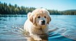 © Tams - Cute puppy walking in lake water on a sunny day, summer landscape.