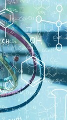Poster - Animation of chemical compounds and scientific formulae over atom model in laboratory