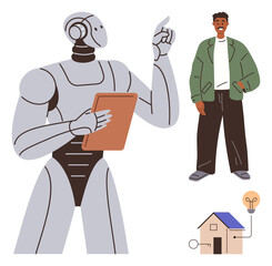 Poster - Robot holding a tablet gestures while engaging with a person. Smart home icon symbolizes automation, energy efficiency, and innovation. Ideal for AI, technology, sustainability, robotics, human-robot