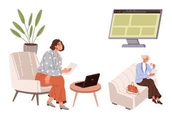 Poster - Women collaborate remotely using laptops and papers on sofas with plants and a screen. Ideal for remote work, communication, teamwork, productivity, learning, collaboration, technology. Clean flat