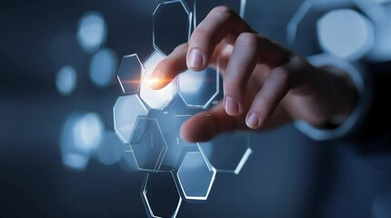 Poster - Businessman interacts with futuristic interface of hexagon network