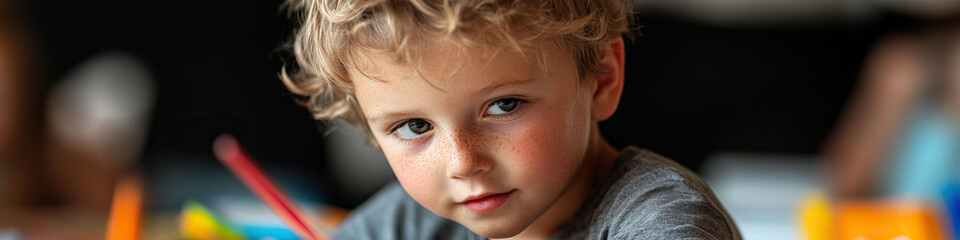 Poster - Portrait of Young Boy with Freckles and Curly Blond Hair