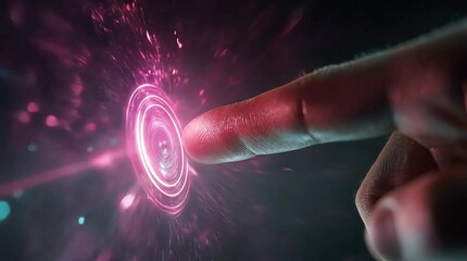 Poster - Finger touches digital interface with glowing circle and particle effects