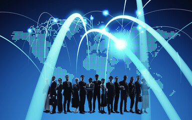 Poster - World map and network of multinational people. Wide angle visual for banners or advertisements.