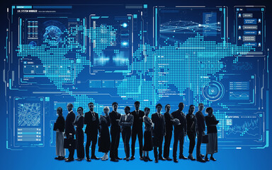 Poster - World map and people of different nationalities. Wide angle visual for banners or advertisements.