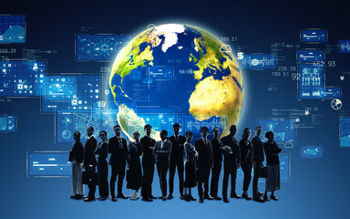 Poster - Earth and multinational people. Wide angle visual for banners or advertisements.