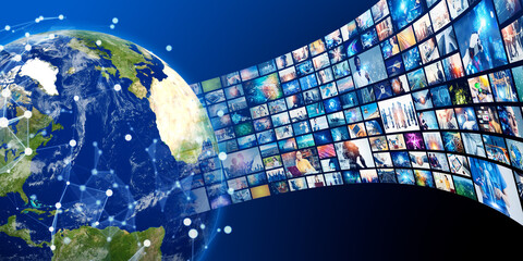 Poster - Earth and video content. Wide angle visual for banners or advertisements.