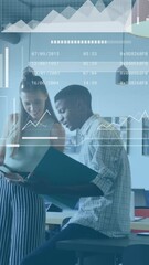 Poster - Animation of graphs, globe and loading bars over diverse coworkers discussing reports in office