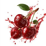 Sliced Pieces of Ripe Red Cherries in a Splash of Cherry Juice on Transparent Background