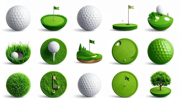 Collection of whimsical golf elements: isolated golf balls, greens, tees, flags and turfs against a white background