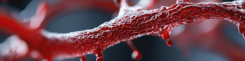 Poster - 3D Rendered Image of Branching Red Structure with Surface Texture and Droplets