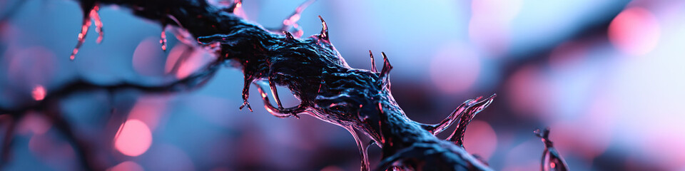 Poster - Close-up Image of Dark, Organic Structure with Irregular Protrusions Under Pink and Blue Lighting