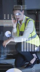 Poster - Animation of data processing over caucasian female it engineer by computer servers