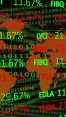 Poster - Animation of financial data processing over world map on dark background