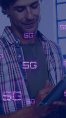 Poster - Animation of 5g icons over happy caucasian male and female colleague using tablet at casual office