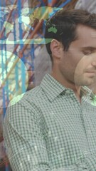 Poster - Animation of financial data processing over caucasian warehouse worker