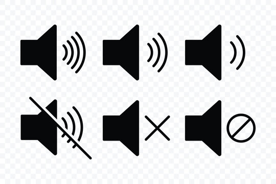 Speaker icon. Mute and unmute volume sound icon. Volume icon. Audio control, sound adjustment symbols, loudspeaker and silence symbol icons. Vector illustration.