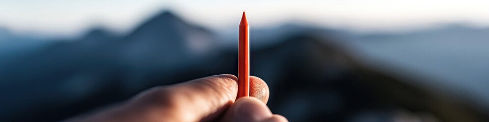 Poster - Orange Crayon-Shaped Object Held Against Mountain Background