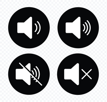 Speaker icon. Mute and unmute volume sound icon. Volume icon. Audio control, sound adjustment symbols, loudspeaker and silence symbol icons. Vector illustration.
