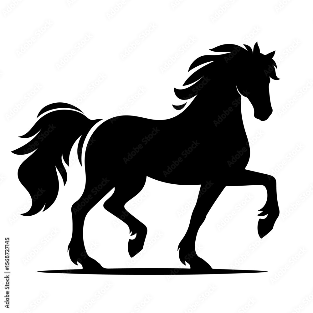 Prancing Horse Silhouette – Black Vector Animal with Raised Leg and Flowing Mane in Dynamic Pose on White Background