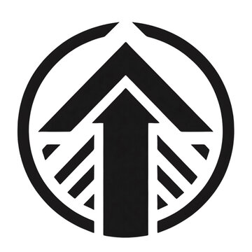 Abstract black circular logo with upward pointing arrow and geometric design