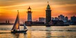 © udomsak - Silhouetted sailboat glides across Boston Harbor at dusk with the waterfront's historic buildings and lighthouse in the foreground