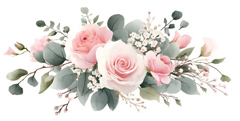 watercolor floral bouquet, blush pink roses and baby's breath arrangement with sage green leaves on 