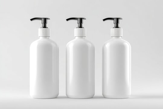 Three white plastic pump bottles
